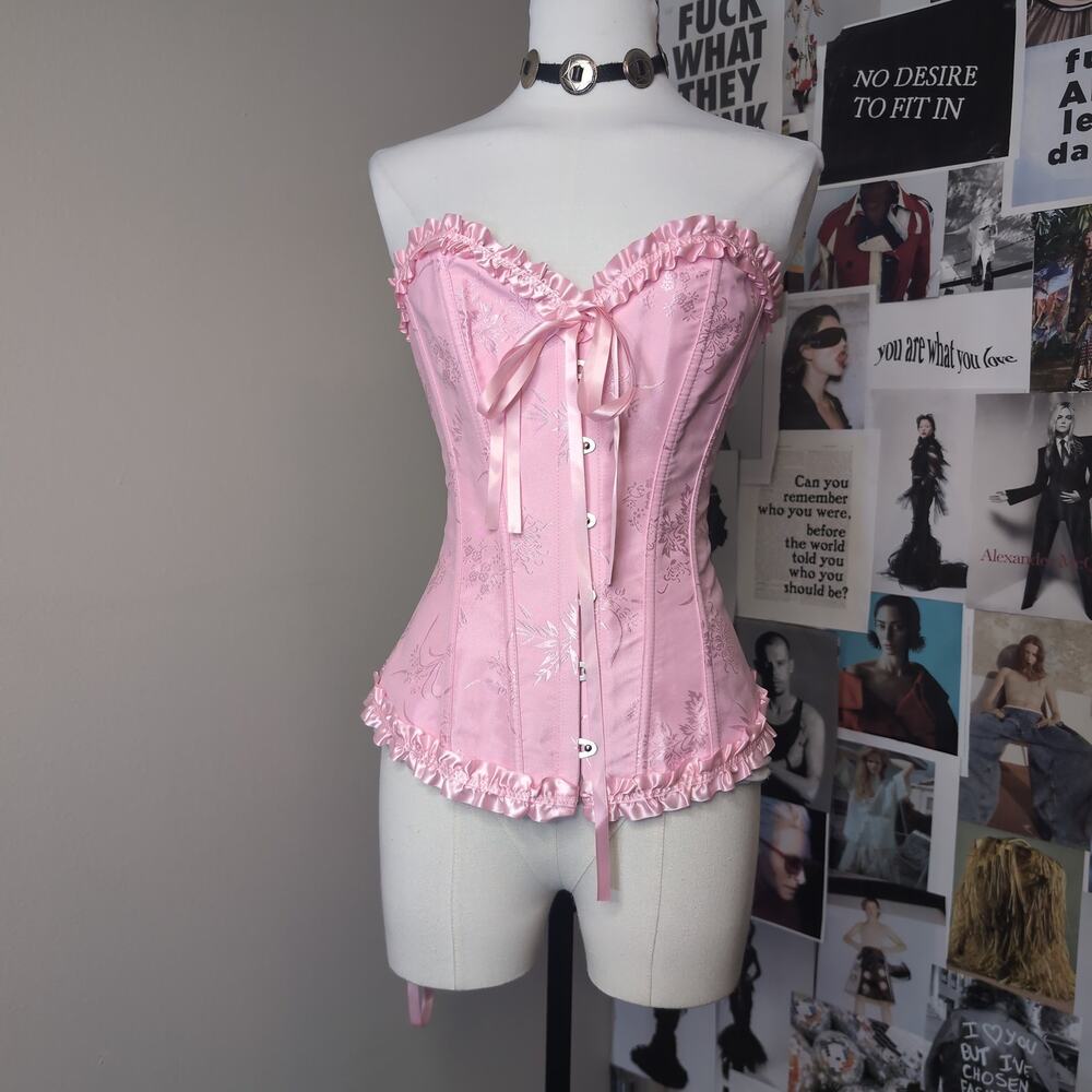 Pink Floral Jacquard Ruffle Trim Corset Whimsygoth